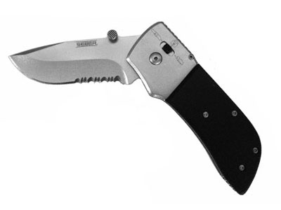 Seber Ratcheting Knife, 3" Locking Blade, Drop Point, Half-Serrated Edge