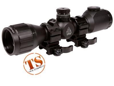UTG 4x32 AO Bug Buster Compact Rifle Scope, EZ-TAP, Illuminated Mil-Dot Reticle, 1/4 MOA, 1" Tube, Low Max Strength Lever L
